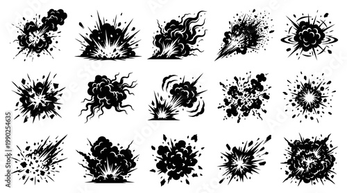Black  White Comic Style Explosion  Blast Vector Glyphs for Action Games and VFX
