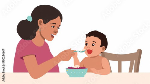 Mom helping kid with food. Mother feeding child from spoon. Happy baby in nib eating healthy nutrition, porridge with berries, sitting at table. Flat vector illustration isolated on white background