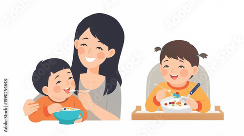Mom helping kid with food. Mother feeding child from spoon. Happy baby in nib eating healthy nutrition, porridge with berries, sitting at table. Flat vector illustration isolated on white background