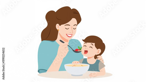 Mom helping kid with food. Mother feeding child from spoon. Happy baby in nib eating healthy nutrition, porridge with berries, sitting at table. Flat vector illustration isolated on white background