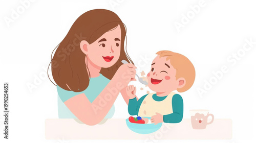 Mom helping kid with food. Mother feeding child from spoon. Happy baby in nib eating healthy nutrition, porridge with berries, sitting at table. Flat vector illustration isolated on white background