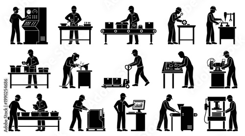 Factory Workers Manufacturing Industry Icons - Black and White Silhouette Art