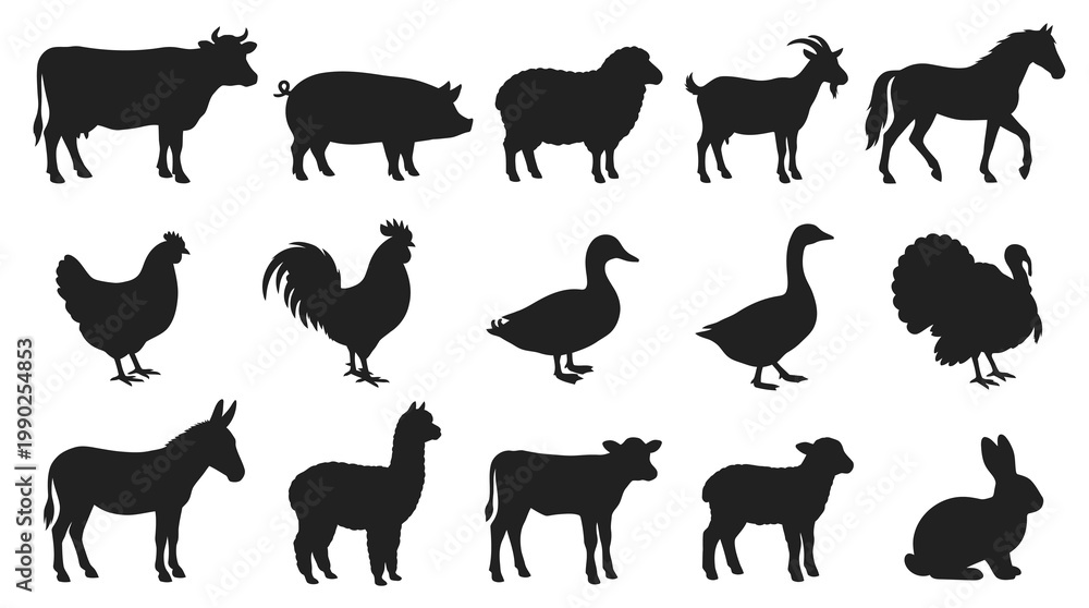 Fototapeta premium Farm Animals Silhouette Set - Livestock, Poultry, Domestic Animals Icons