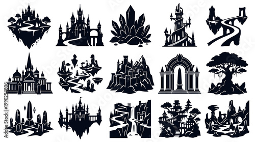 Fantasy Castle Silhouette Icons Set - Magical Realm Vector Art