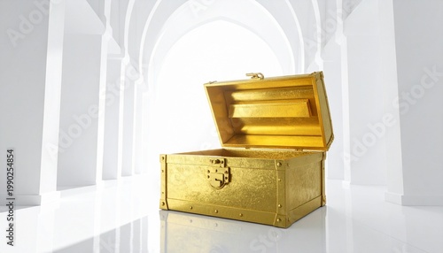 Golden treasure chest glowing in white arches symbolizing wealth mystery