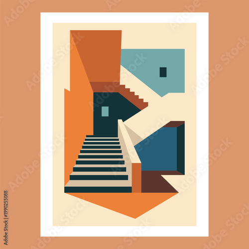 Geometric architectural composition featuring angular staircases, bold color blocks, and dynamic abstract spatial forms. Minimalist vector illustration.