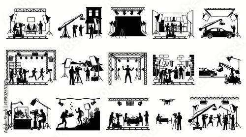 Film Production and Media Industry Scenes Black and White Silhouette Icon Set