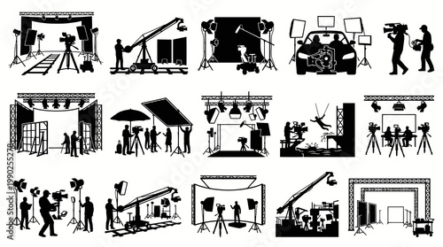 Film Production, Broadcasting, and Photography Studio Equipment  Crew Vector Silhouettes Icons Set