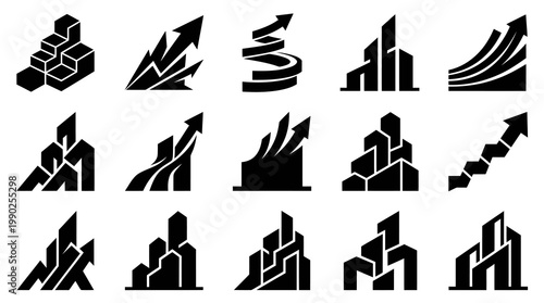 Monochrome Business Growth  Real Estate Development Glyph Icons Set with Arrows and Buildings