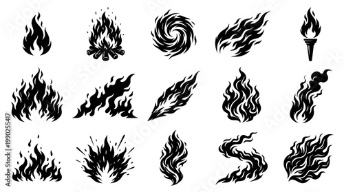 Collection of Black and White Fire Flames and Smoke Vector Glyph Icons for Design