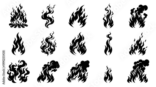 Graphic Design: Flat Black Silhouette Fire Flame Smoke Icons Set