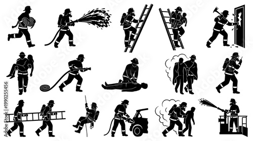 Firefighting Emergency Services Fireman Black and White Silhouette Vector Icons Set