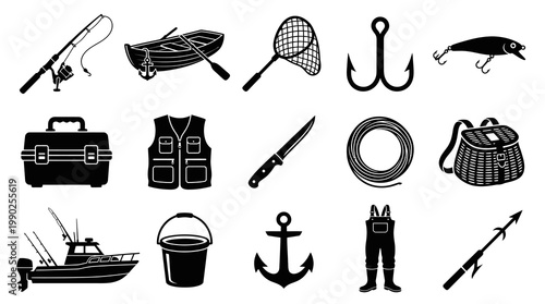 Fishing Equipment Icons Set - Black  White Line Art