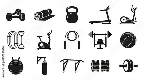 Fitness Gym Workout Equipment Icons Set - Sport and Exercise Gear Black  White Glyphs