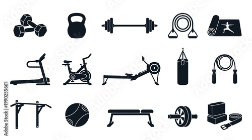 Fitness Gym Equipment Glyph Icons Set: Workout Gear and Sport Exercise Vector Silhouettes Collection