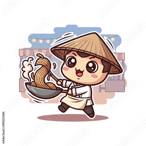Cute Asian Chef Cooking Noodles in Wok.