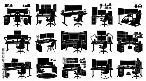 Gaming Setup Icons: Computer Desks, Chairs, and Monitors