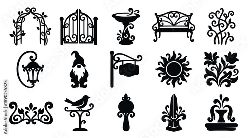 Garden and Outdoor Decor Icons Glyph Set - Landscaping Elements Silhouettes Vector