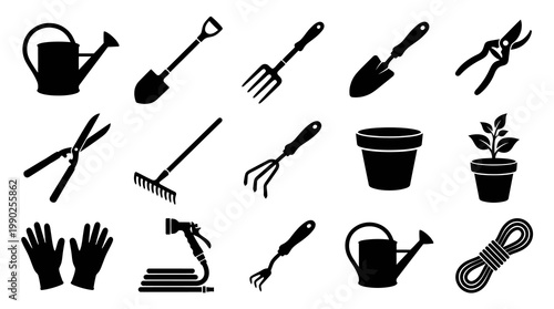 Black  White Garden Tools Icons Set - Vector Illustrations