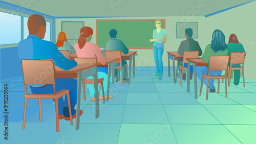 Students sit in classroom with teacher standing by green chalkboard desks and chairs arranged in rows educational setting with diverse group of young people learning