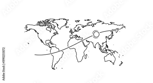World Map with Travel Route Lines.