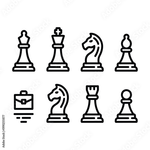 Classic chess pieces with a unique symbolic addition in black and white