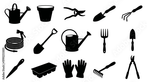 Black  White Silhouette Garden Tools Glyph Set - Botany  Agriculture