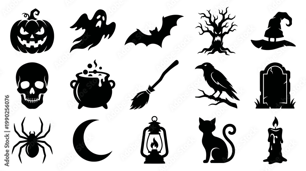 Fototapeta premium Halloween Icons Set - Black Silhouettes of Pumpkin, Ghost, Bat, Tree, Hat