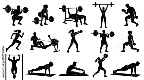 Black and White Silhouette of People Exercising with Weights and Gym Equipment