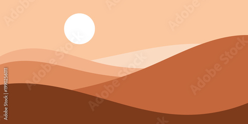 Minimalist desert landscape with rolling sand dunes and bright white sun . Cinematic sunset over brown wilderness for nature and travel concept. flat vector illustration