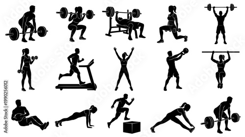Fitness  Gym Vector Silhouettes Set: Black  White Workout Exercises People