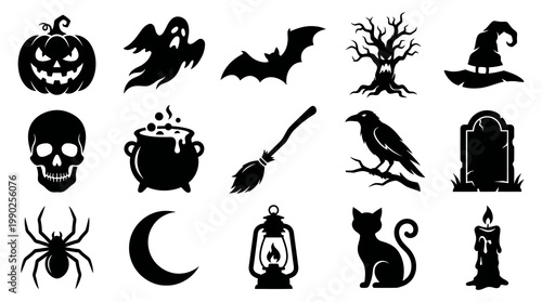 Halloween Icons Set - Black Silhouettes of Pumpkin, Ghost, Bat, Tree, Hat
