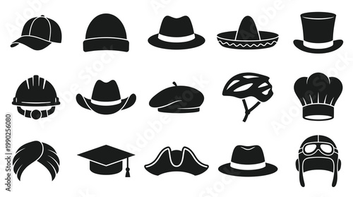 Black  White Glyph Icons of Various Hats and Headwear