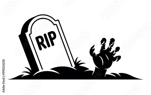 A spooky silhouette illustration depicts a zombie hand reaching out of the ground next to a tombstone with "RIP" carved on it, perfect for Halloween themes.