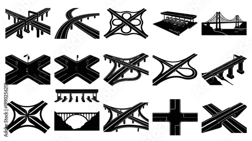Transportation vector icons: highway interchanges, bridges, overpasses, and toll booth
