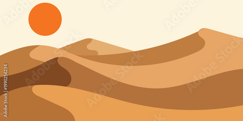 Minimalist desert landscape with sand dunes and rising sun animation. Cinematic sunset over sahara wilderness for nature and travel concept. flat vector illustration