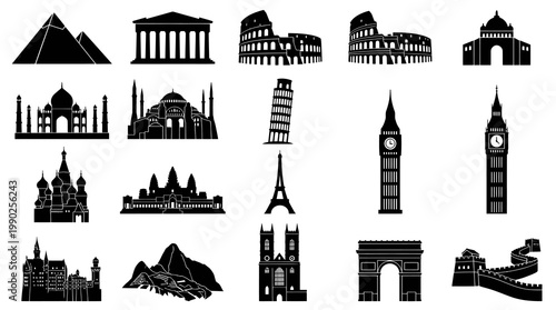 Famous World Travel Landmarks Black Silhouette Vector Icons Collection for Tourism  Culture