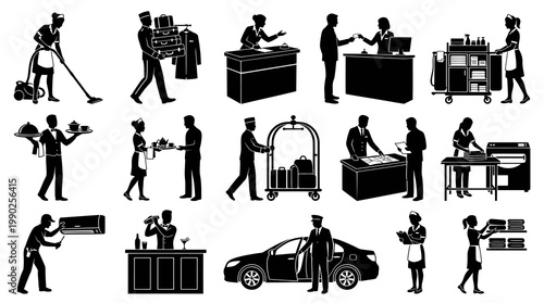 Hotel Staff Professions and Services Black White Vector Silhouettes Set