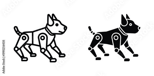 Robotic dog vector icons, mechanical pet cyborg illustrations, futuristic artificial intelligence canine symbols, black outline and solid silhouette set
