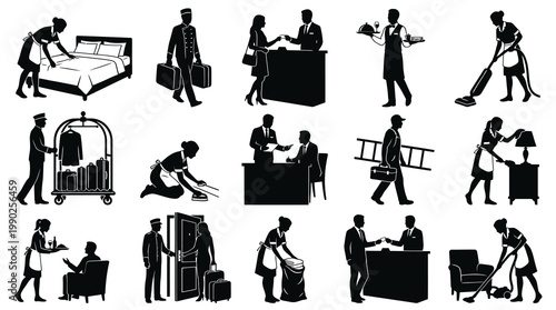 Hotel staff service icons, housekeeping, bellboy, concierge, cleaning, room service