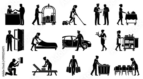 Hotel Staff Icons: Concierge, Housekeeping, Bellhop, Waiter, Maintenance Glyph