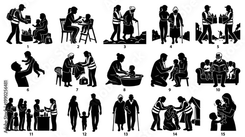 Diverse Humanitarian Aid and Community Support Silhouettes in Black and White