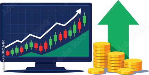 Modern Trading Monitor with Upward Line Chart, Candlesticks, Green Arrow and Gold Coins Flat Vector Illustration