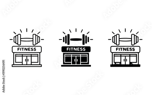 A collection of three distinct black and white fitness gym building icons, each featuring a barbell symbol above the storefront, representing various exercise and workout facilities.