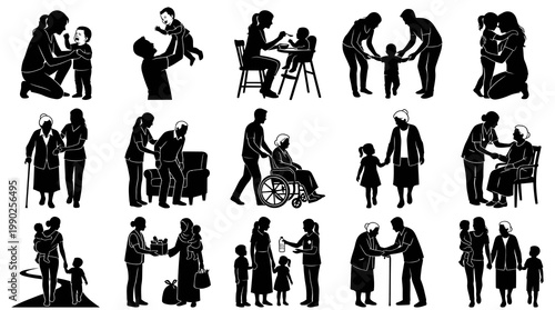 Black  White Silhouettes of Family Care and Generational Support