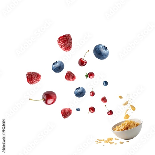 
levitation of berries on a breakfast plate