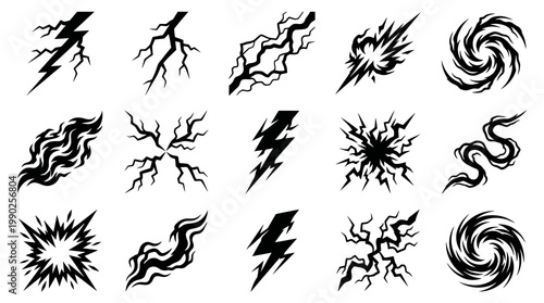 Stylized Black  White Vector Lightning Explosion Swirl Crack Icons for Gaming and Effects