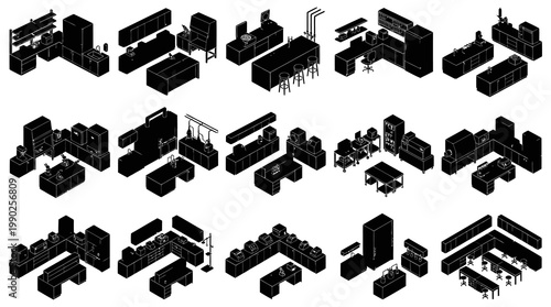 Isometric Scientific  Industrial Lab, Kitchen  Office Furniture Set: BW Line Art