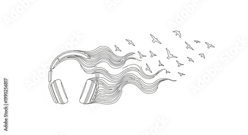 Abstract representation of headphones emitting music waves and birds flying away symbolizing freedom and creativity in a minimalist art style