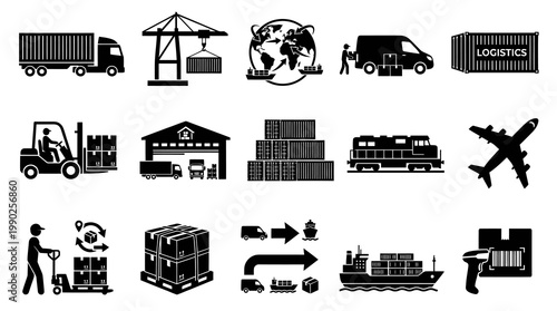 Logistics and Shipping Icons: Transportation, Warehousing, Delivery